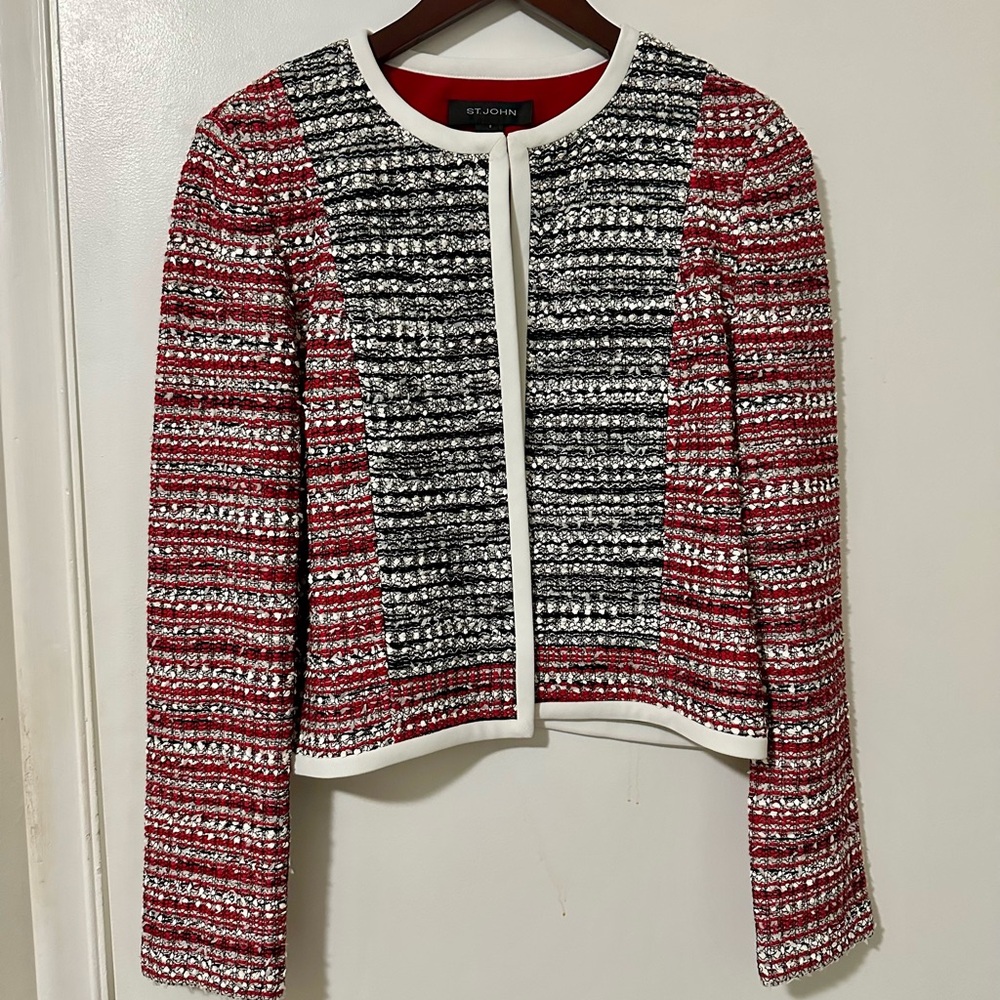 St. John Red, Black & White Tweed Open-Front Cropped Jacket